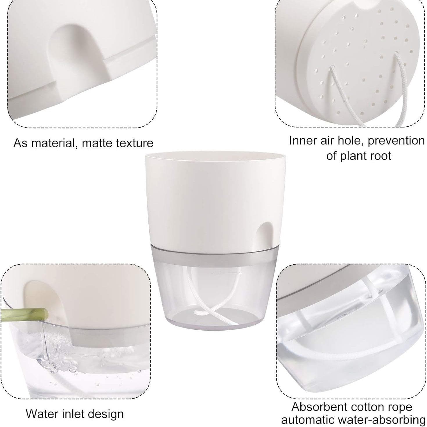 Self-watering pot features